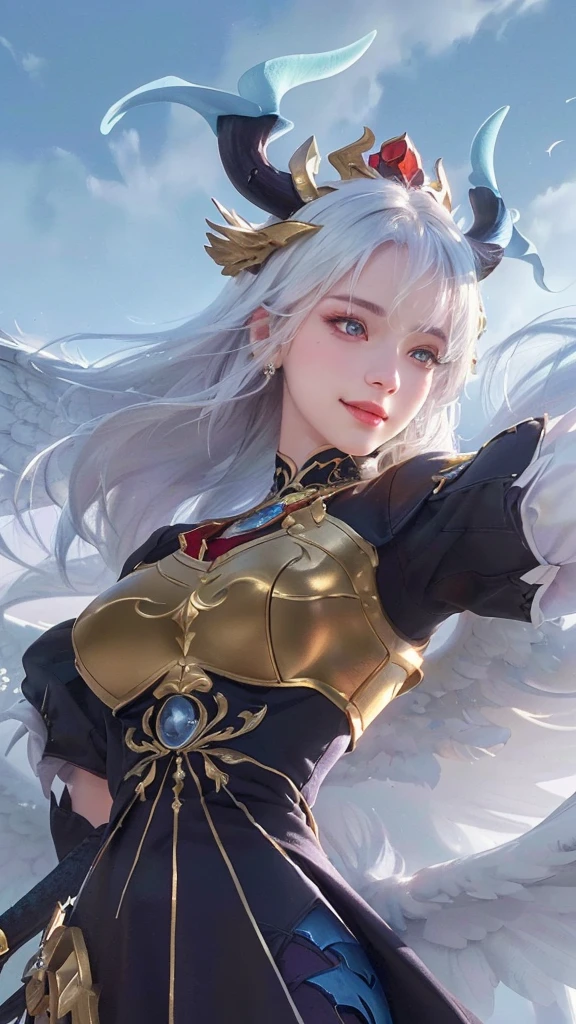 a close up of a girl with a sword and wings, white hair, with blue deer horn, smiling, portrait, knights of zodiac girl, (best quality,4k,8k,highres,masterpiece:1.2),ultra-detailed,(realistic,photorealistic,photo-realistic:1.37),HDR,UHD,studio lighting,ultra-fine painting,sharp focus,physically-based rendering,extreme detail description,professional,vivid colors,bokeh,portrait,fantasy,magical realism