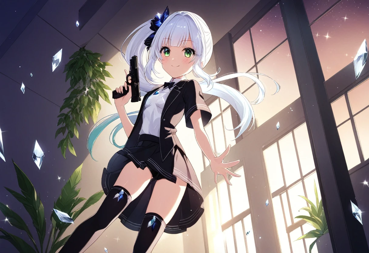 anime artwork (((crystals texture Hair))),((beautiful detailed glass hair)),((glass shaped texture hand)), hands as clear as jewels, ((crystals texture skin)), sparkle, lens flare, light leaks, broken glass, detailed glass shaped clothes, crystals texture flowers,((detailed clothing)), 1girl, white hair, solo, thigh highs, side pony tail, black thigh highs, looking at viewer, window, small breast, flat breasts, blush, smile, bangs, closed mouth, plant, short sleeves, anime style, key visual, vibrant, studio anime, highly detailed, red and green eyes, porcelean skin, holding a pistol, wearing a formal suit, short skirt