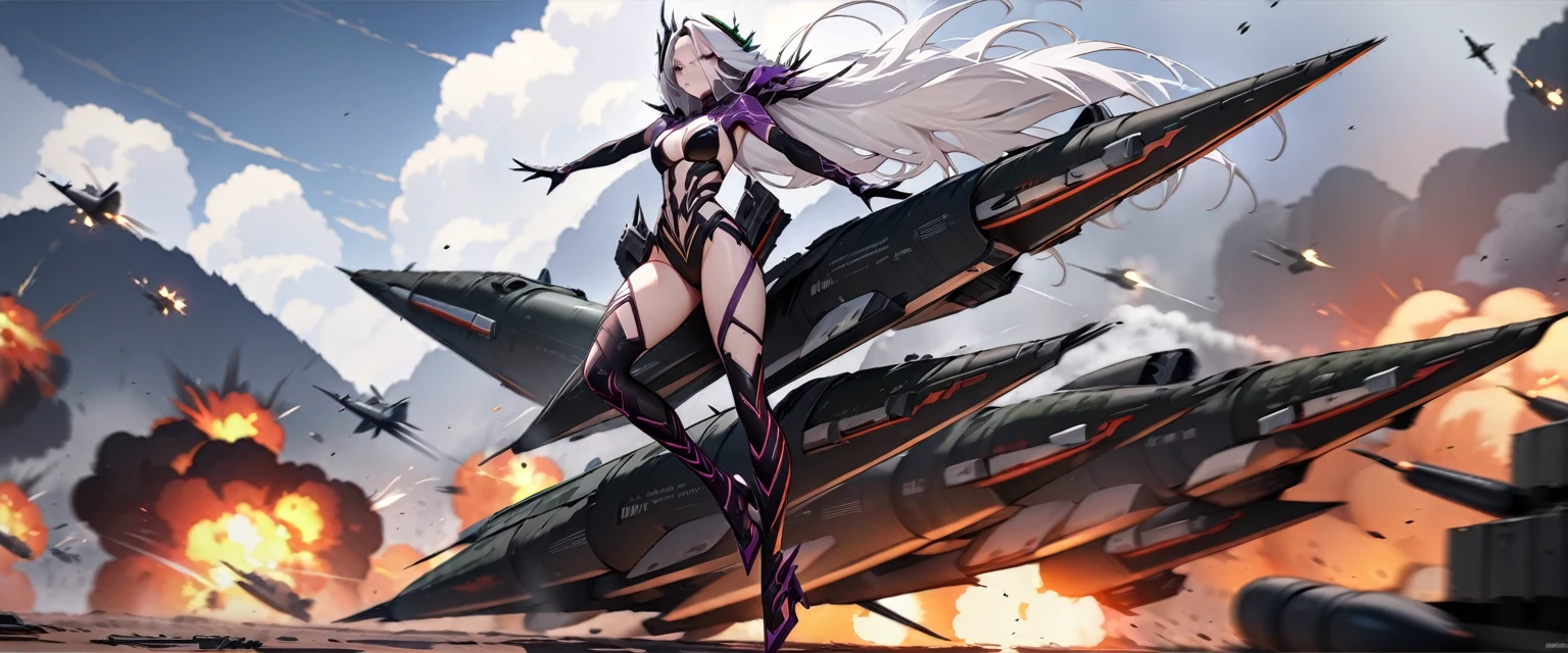 (((masterpiece,Highest quality))),(((A beautiful yet terrifying anime goddess of vengeance, raging in the air with her silver hair standing on end.))),((A battlefield where missiles and explosions fly in the storm)),Arms and legs spread,(high quality),アニメ,cyber girl