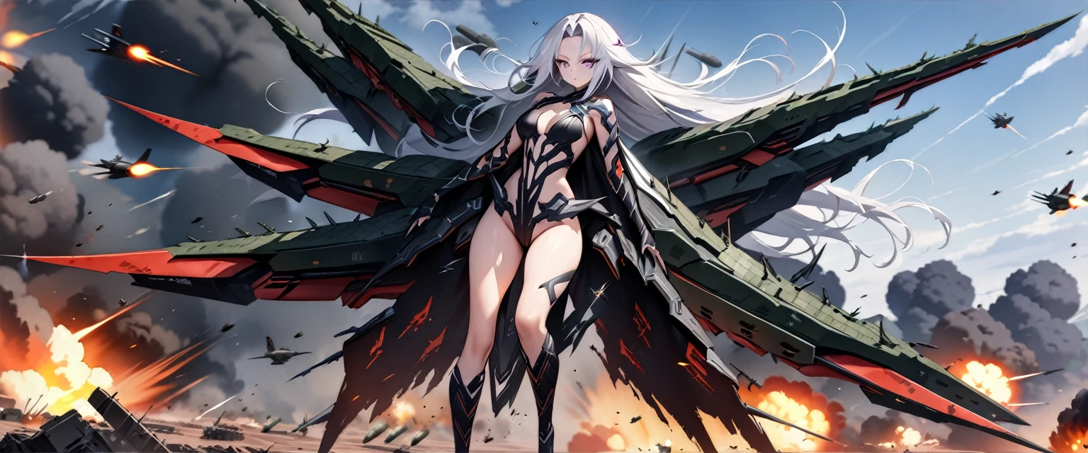 (((masterpiece,Highest quality))),(((A beautiful yet terrifying anime goddess of vengeance, raging in the air with her silver hair standing on end.))),((A battlefield where missiles and explosions fly in the storm)),Arms and legs spread,(high quality),アニメ,cyber girl