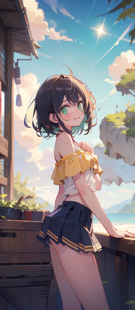 (masterpiece), (highest quality), Ultra-high resolution, Sharp focus, ((1 female, alone)), whole Body, Photo profile shots, Beautiful detailed hair, Chestnut Hair, Fluffy short bob hair, yellow camisole, Black mini skirt, Beautifully detailed face, ((Beautifully shaped eyes, Green Eyes)), Perfect feminine face, Comfortable face, View Viewer, smile, Open your lips, sea in the morning clouds, meteor, Comfortable clothing for cloudy days, leaning forward pose, sexy