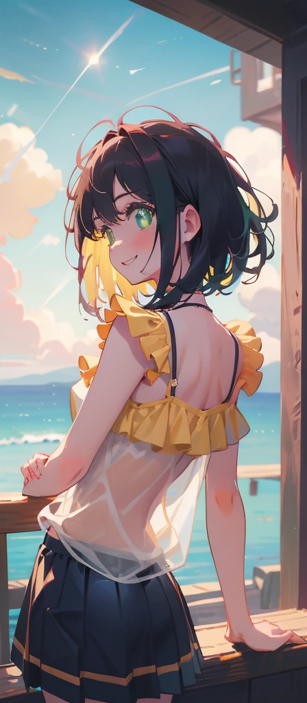 (masterpiece), (highest quality), Ultra-high resolution, Sharp focus, ((1 female, alone)), whole Body, Photo profile shots, Beautiful detailed hair, Chestnut Hair, Fluffy short bob hair, yellow camisole, Black mini skirt, Beautifully detailed face, ((Beautifully shaped eyes, Green Eyes)), Perfect feminine face, Comfortable face, View Viewer, smile, Open your lips, sea in the morning clouds, meteor, Comfortable clothing for cloudy days, leaning forward pose, y