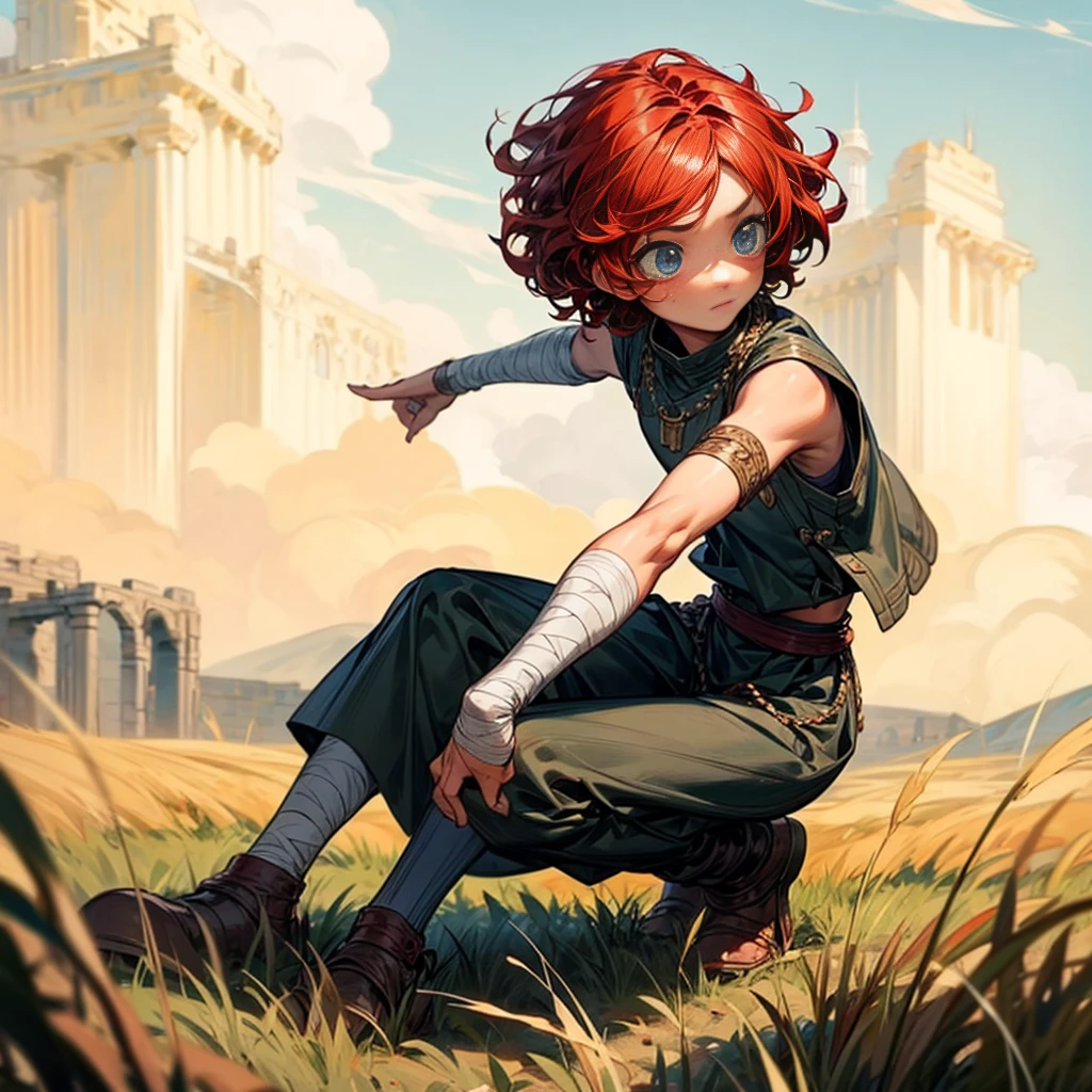 1little boy, Full body version, 1character, blue eyes color, sad eyes, eyeliner, native skin, classic Curly haircut, big eyes type, red colour hair, Ancient greek clothing style, armor vest, black color clothing, necklaces, bandage on hand, Grassroots background in field castle, motion blur