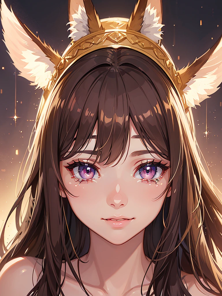 a girl with fox ears, smiling, crying, long brown hair with bangs, left eye pink, right eye blue, detailed face, beautiful detailed eyes, beautiful detailed lips, extremely detailed eyes and face, long eyelashes, emotional expression, oil painting, digital painting, 8k, highly detailed, photorealistic, masterpiece, vibrant colors, dramatic lighting