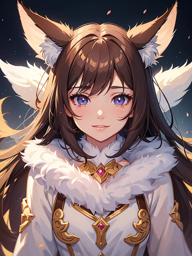 a girl with fox ears, smiling, crying, long brown hair with bangs, left eye pink, right eye blue, detailed face, beautiful detailed eyes, beautiful detailed lips, extremely detailed eyes and face, long eyelashes, emotional expression, oil painting, digital painting, 8k, highly detailed, photorealistic, masterpiece, vibrant colors, dramatic lighting