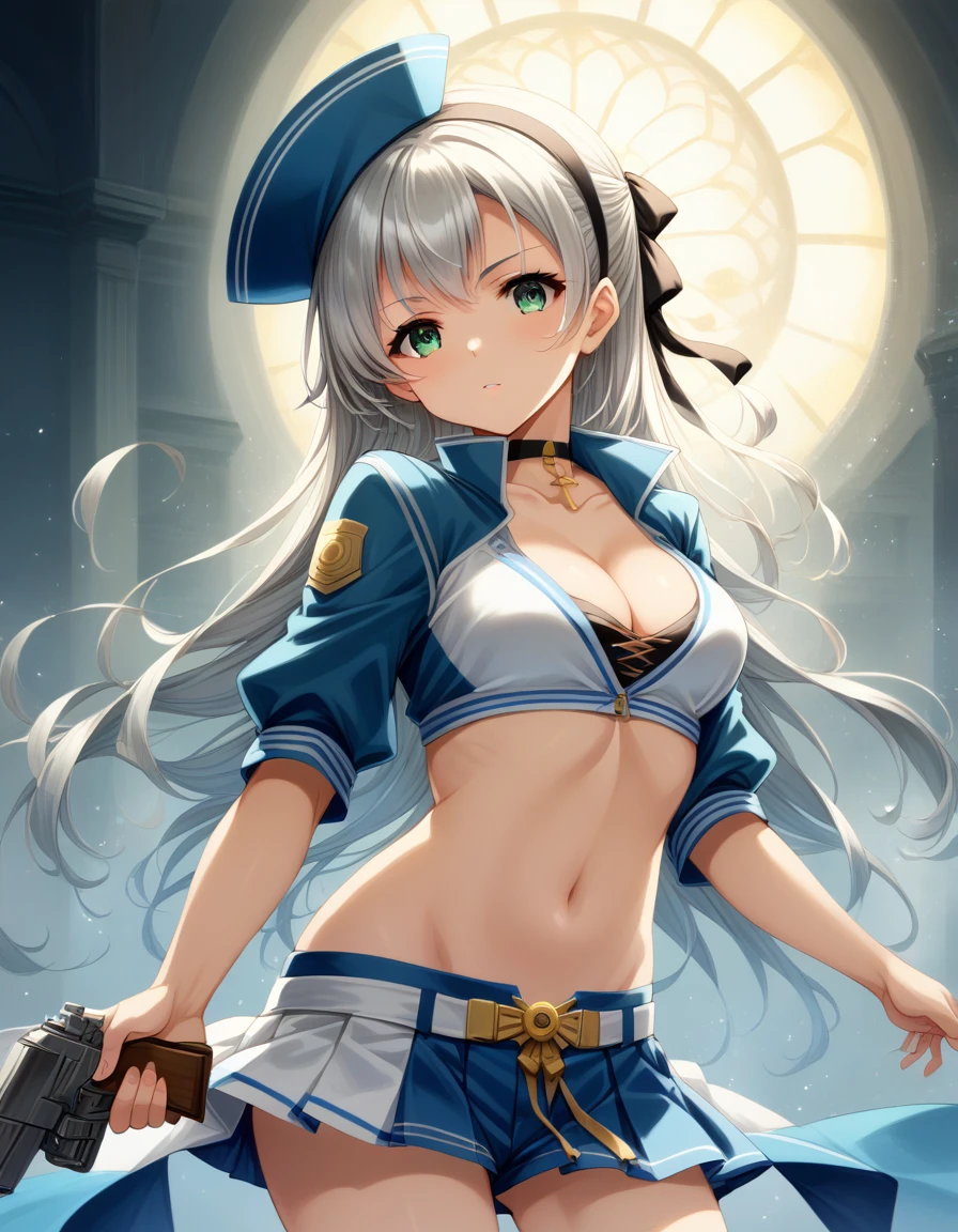 score_9,score_8_up,score_7_up,score_6_up,score_5_up,score_4_up, ,source_anime BREAK,from front,front view,(soro focus),,straight-on,standing,,looking at viewer,masterpiece, best quality, very aesthetic, absurdres,extremely detailed CG unity 8k wallpaper,cinematic angle, great lighting, detailed shadows,detailed body, anime artwork, anime style, key visual, vibrant,studio anime, highly detailed, anime coloring,raceElie, hairband, choker, blue hat, blue jacket, cropped jacket, cleavage, midriff, blue shorts, pleated skirt,holding a gun,silver gun,aiming at viewer, focused gun, (zoom in upper body:1.2),
