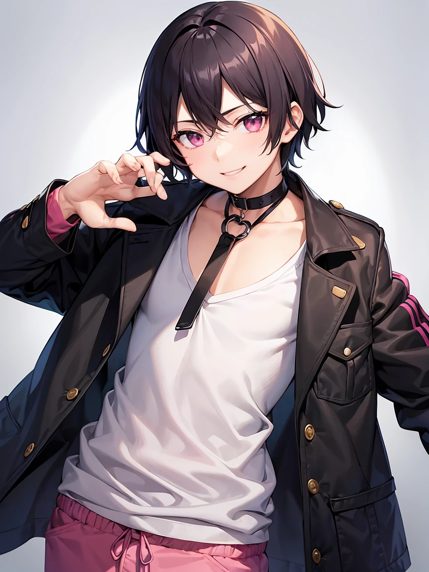 male、juvenile、Black short hair、Pink eyes、solo、Jacket、shirt、pants、smile、Flat Chest、黒いshirt