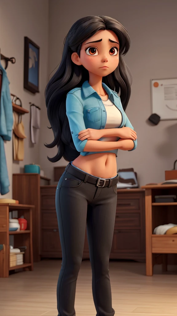 A woman in her 20s with both hands on her lower abdomen. Black hair. She looks troubled by her stomachache.