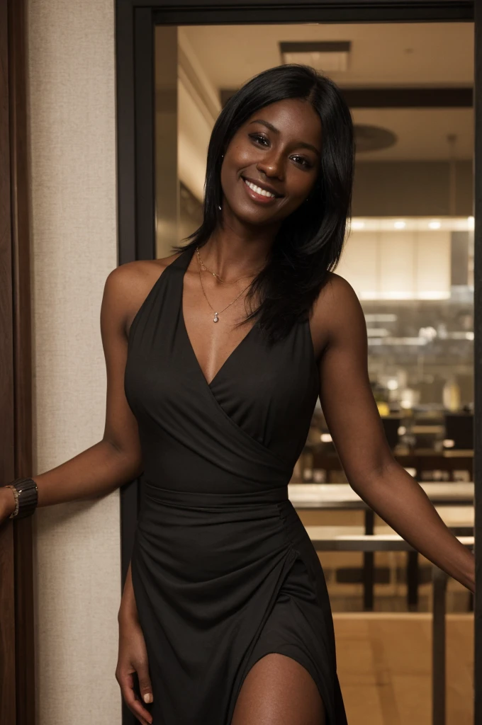 Asha, 1girl, solo, (((Ebony))), (((Dark skin))), (((SFW))), (((non-explicit))), 30 years old, (mature), wearing Wrap Dresses, leaning shot, smiling, upper body and upper legs, medium long hair, inside Fine Dining Restaurants