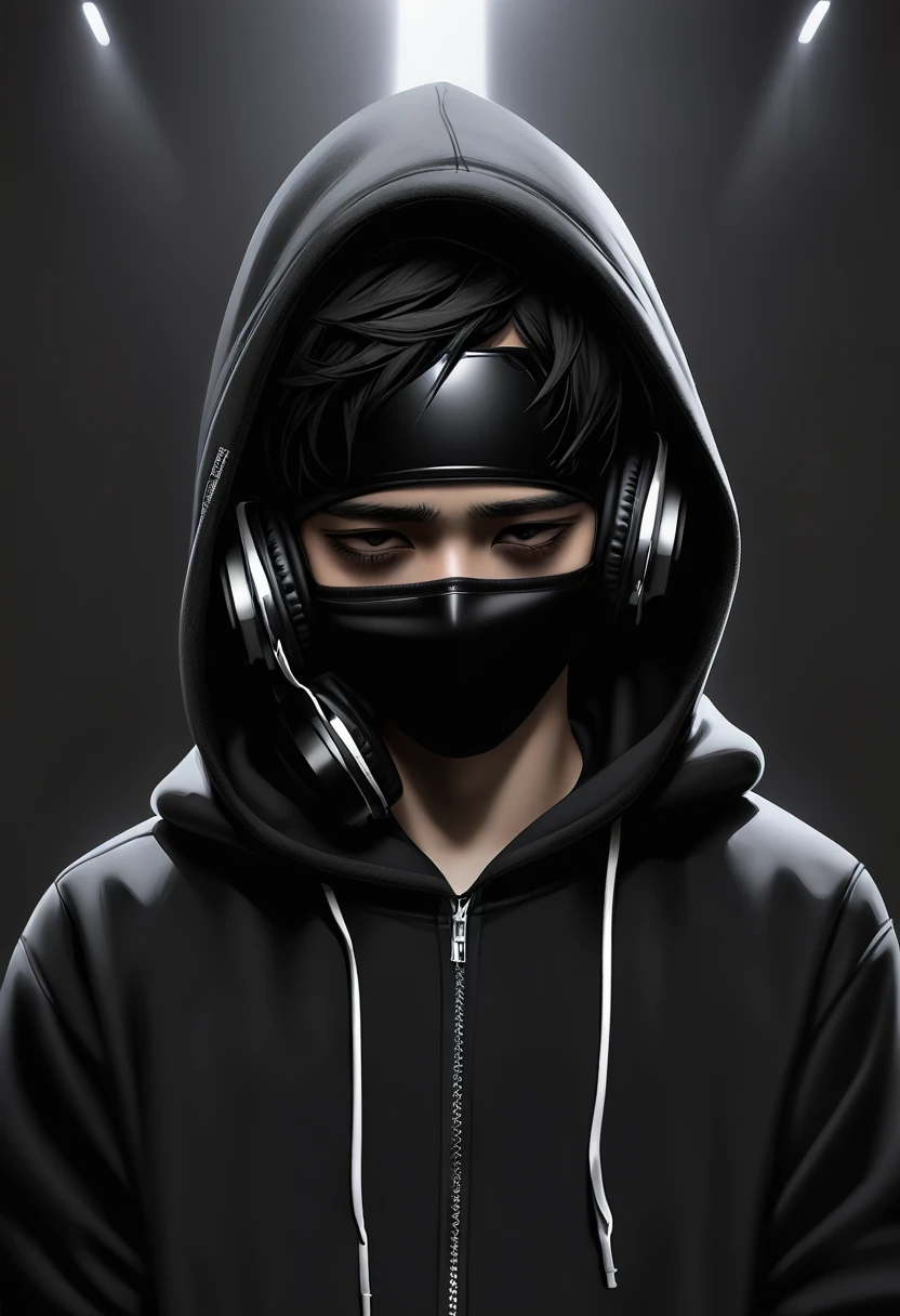 boy whith hoodie and headset , black face mask 
depressed , black clothes,  dark image
