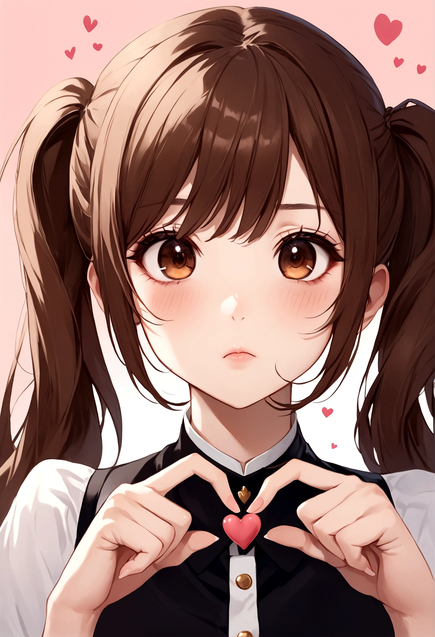 A girl with brown hair and twin tails wearing a uniform、While staring at me with a stern look、Making a heart with index and middle fingers。she is my lover、Her expression is a mixture of embarrassment and affection.。