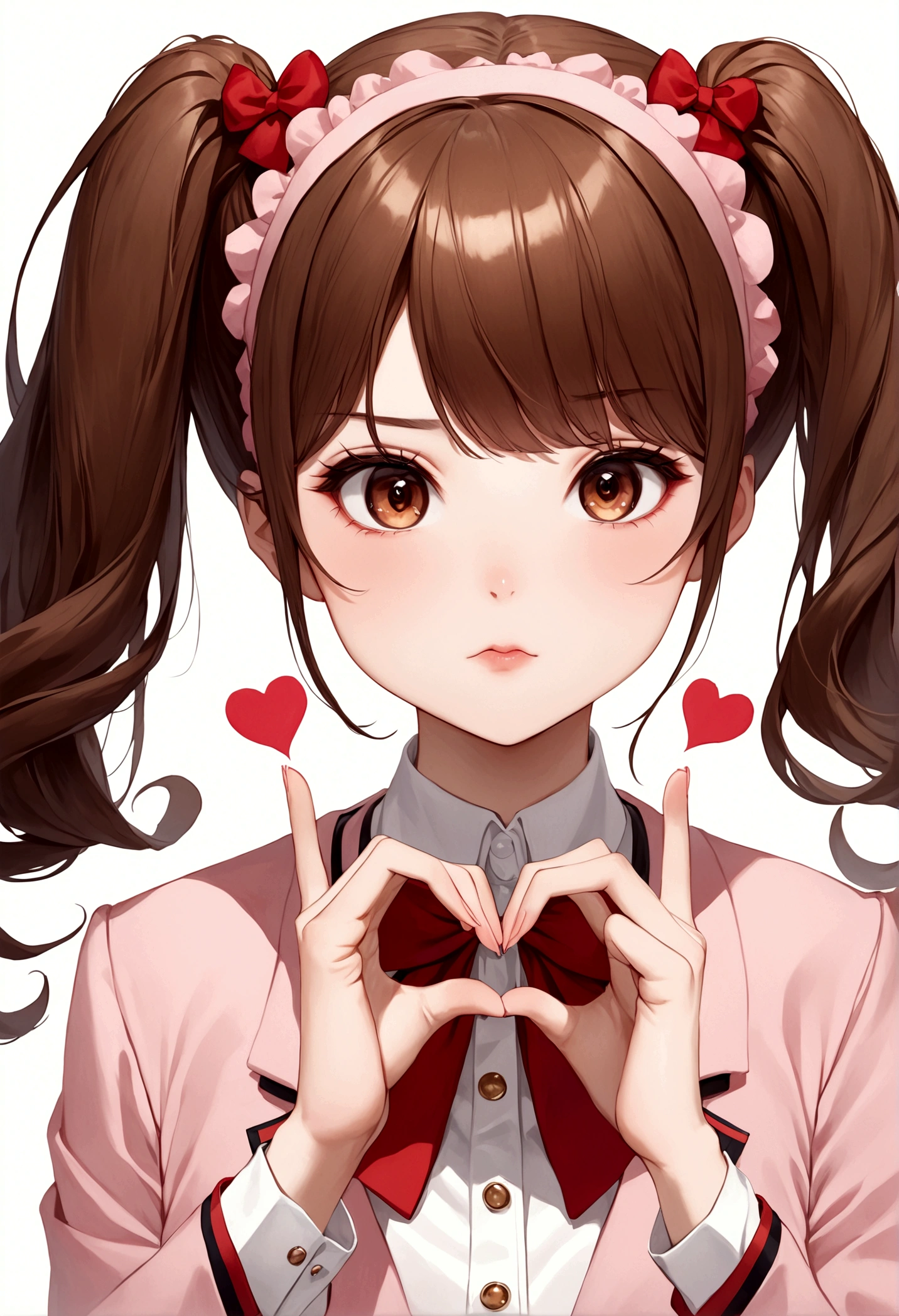 A girl with brown hair and twin tails wearing a uniform、While staring at me with a stern look、Making a heart with index and middle fingers。she is my lover、Her expression is a mixture of embarrassment and affection.。