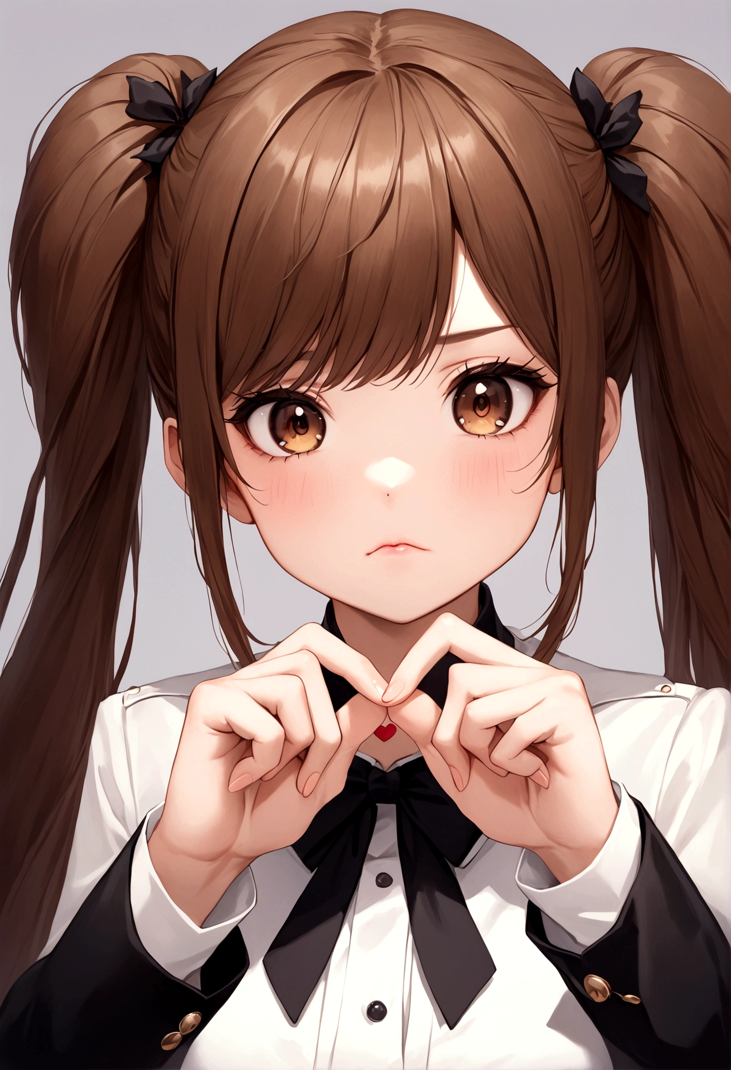 A girl with brown hair and twin tails wearing a uniform、While staring at me with a stern look、Making a heart with index and middle fingers。she is my lover、Her expression is a mixture of embarrassment and affection.。