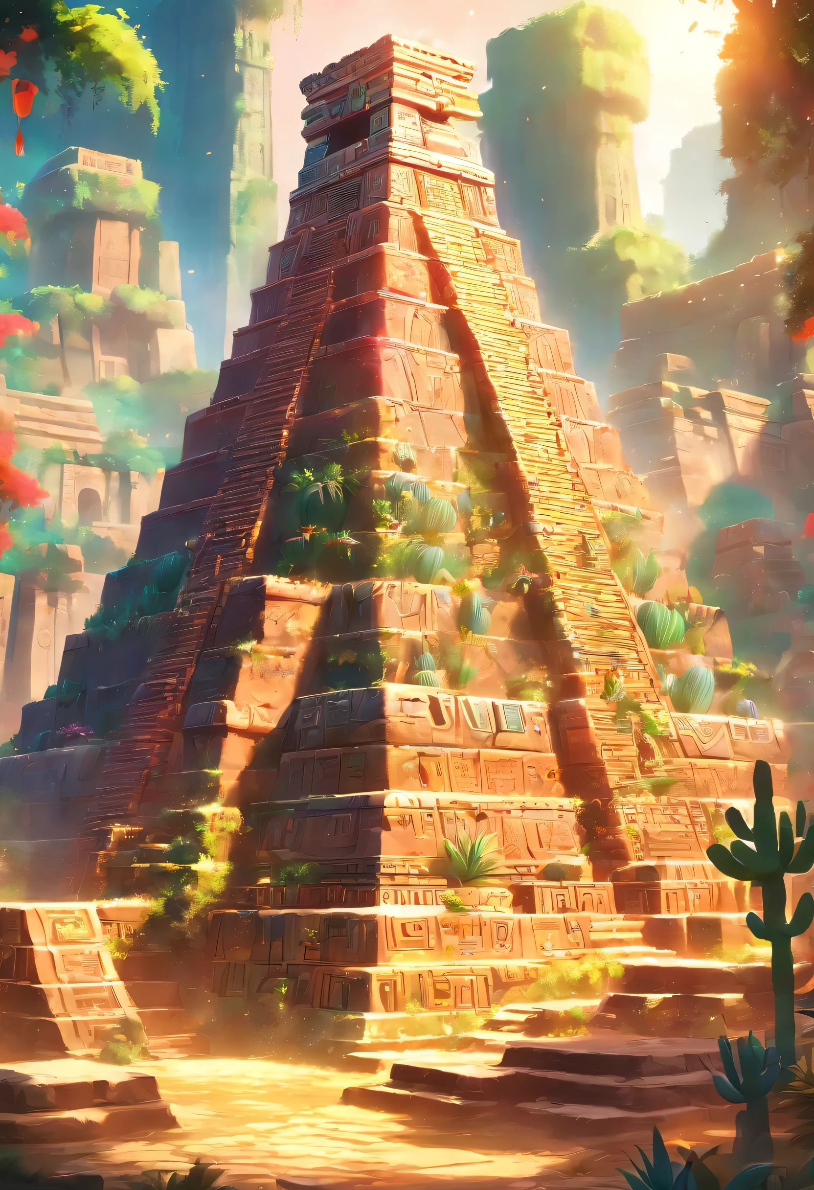 (((Aztec city)))best quality, ultra-high resolution, 4K detailed CG, master piece, Aztec temple, cactus, stream, desert, sunlight, Mexico, aesthetics, Beautiful image, centered on screen