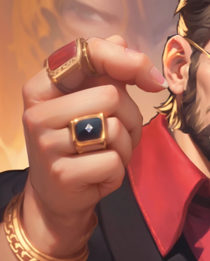 there is a man with a beard and a ring on his finger, hyper detail portrait, point finger with ring on it, extra detail, heavy gesture style closeup, hyperdetailed!, character art closeup, high quality portrait, hyperdetailed!!, hyperdetailed!!!, ultra detail. digital painting, [ [ hyperrealistic ] ], rich in details, high details!