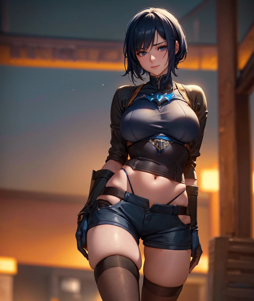 1 girl, short dark blue hair, dark blue eyes, warm smile, short blue suit, short pants, navel, thigh high stockings, ultra-detailed, (best quality,4k,8k,highres,masterpiece:1.2),ultra-detailed,(realistic,photorealistic,photo-realistic:1.37),HDR,UHD,studio lighting,ultra-fine painting,sharp focus,physically-based rendering,extreme detail description,professional,vivid colors,bokeh,portrait