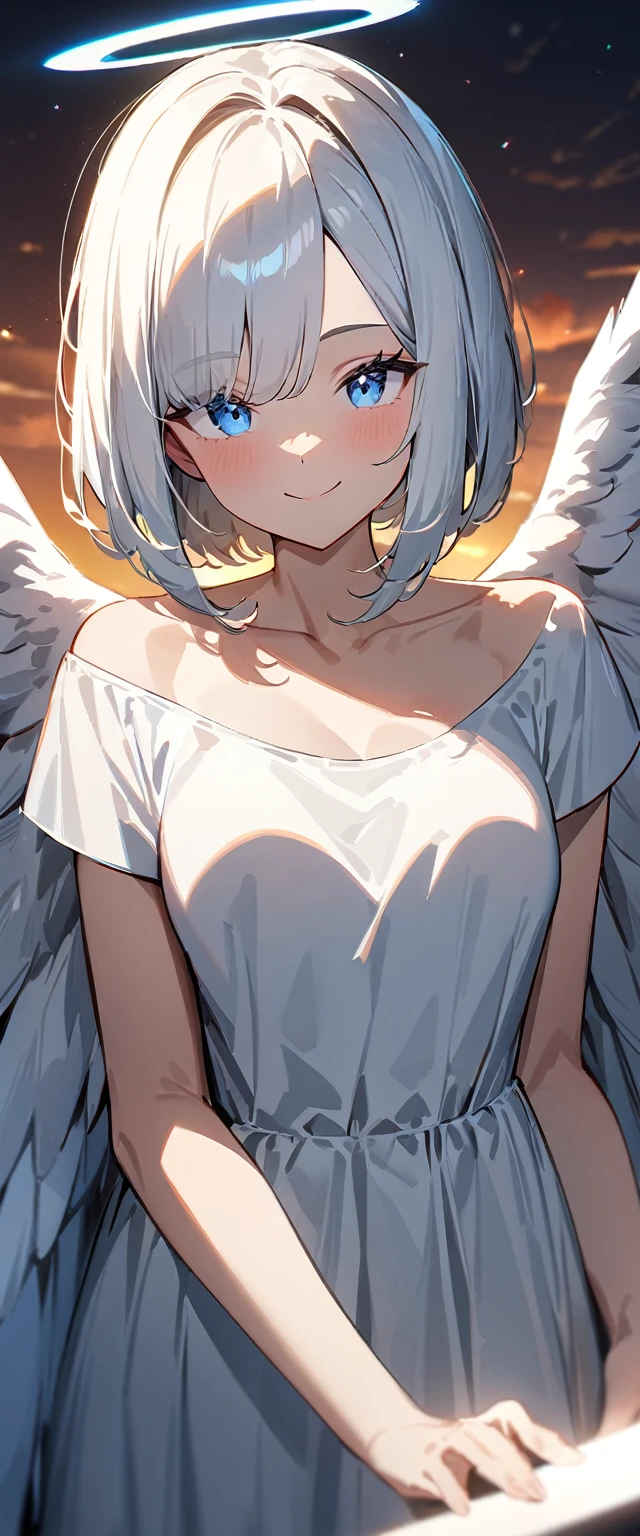 (((One girl))), (((upper body))), ((angel, big big white wings:1.2, halo:1.3)), Uriel, greek mythology white costume, ((outward curled hair)), from side:1.3, sea, evening, Sunset, ((flying in the sky)), wavy hair, blond hair,(bob cut:1.3)), breasts, standard body, (looking at viewer), oversized clothes, collarbone, head tilt:1.3, (((blue eye))), ((happy smile)), (((anime style))), (best quality, 4K, 8K, highres, masterpiece:1.2, ultra-detailed, ultra-detailed eyes, HDR, uhd, studio lighting, ultra-fine painting, sharp focus, physically-based rendering, extreme detail description, professional, vivid colors, bokeh), ((Highest quality, Best image quality, Ultra-high resolution, Ultra-high resolution, solo, Strong eye highlights)), Depth of written boundary, Natural soft light, attractive, Beautiful Face, Cleanliness, Pure Face, medium chest, Beautiful Face, Perfect Fingers, Perfect hands, Perfect body, Perfect Face, Shine a light into your eyes, Perfect Anatomy