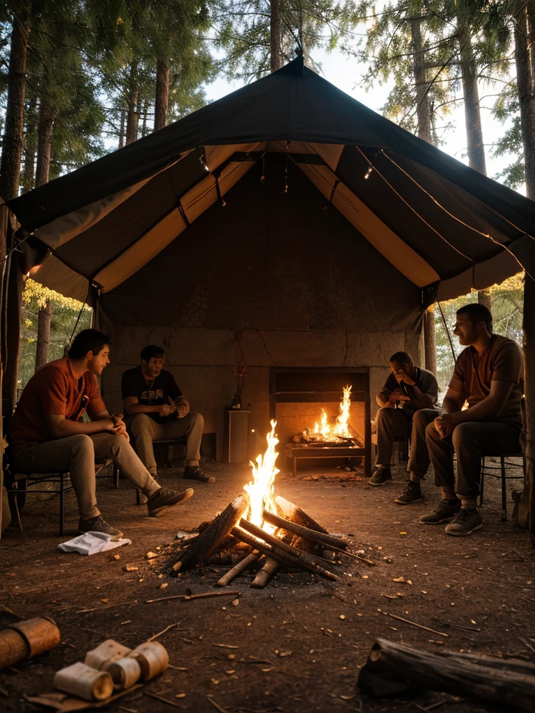 A burning campfire in a dense forest, flames flickering, smoke rising, a tent nearby, people cooking food on a grill, detailed foliage, moody lighting, dramatic shadows, cinematic atmosphere, realistic 3D rendering, photorealistic, ultra-detailed, 8K, masterpiece