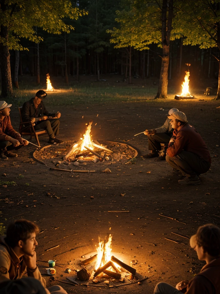 A burning campfire in a dense forest, flames flickering, smoke rising, a tent nearby, people cooking food on a grill, detailed foliage, moody lighting, dramatic shadows, cinematic atmosphere, realistic 3D rendering, photorealistic, ultra-detailed, 8K, masterpiece