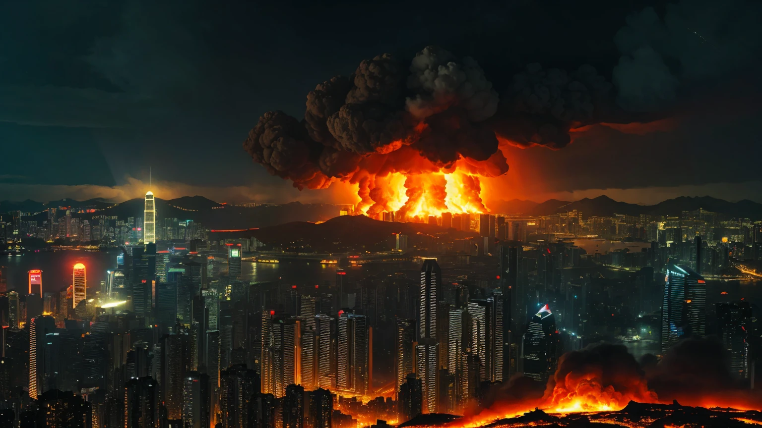 1 single bright gigantic nuclear explosion with mushroom cloud at Kowloon, explanding shockwave, Desolate wreckage, apocalyptic, city in ruined, dark night time, masterpiece, highest quality, Surrealism