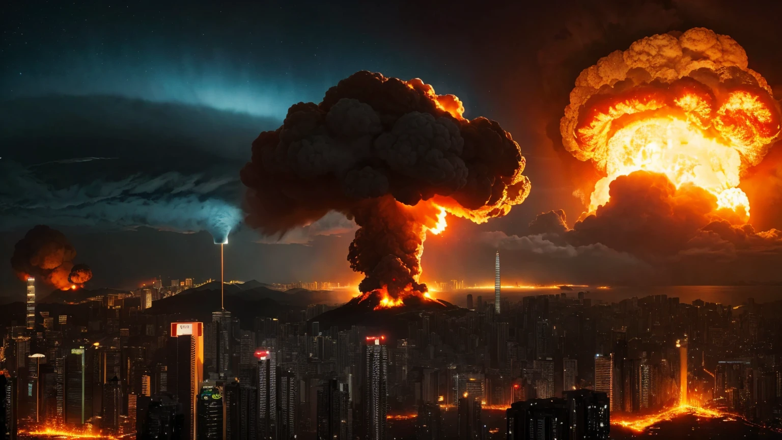 1 single bright gigantic nuclear explosion with mushroom cloud at Kowloon, explanding shockwave, Desolate wreckage, apocalyptic, city in ruined, dark night time, masterpiece, highest quality, Surrealism