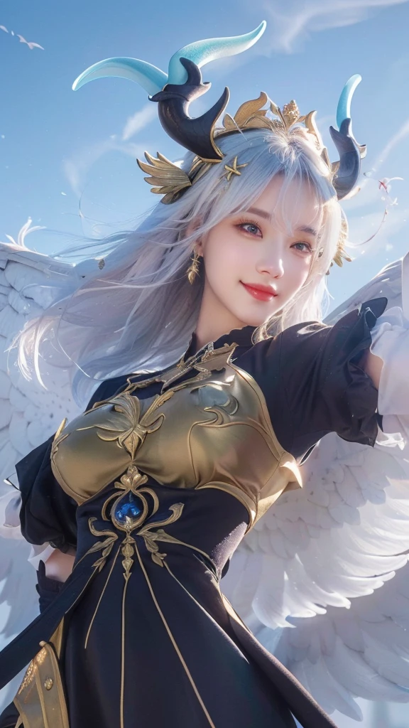 a close up of a girl with a sword and wings, white hair, with blue deer horn, smiling, portrait, knights of zodiac girl, (best quality,4k,8k,highres,masterpiece:1.2),ultra-detailed,(realistic,photorealistic,photo-realistic:1.37),HDR,UHD,studio lighting,ultra-fine painting,sharp focus,physically-based rendering,extreme detail description,professional,vivid colors,bokeh,portrait,fantasy,magical realism