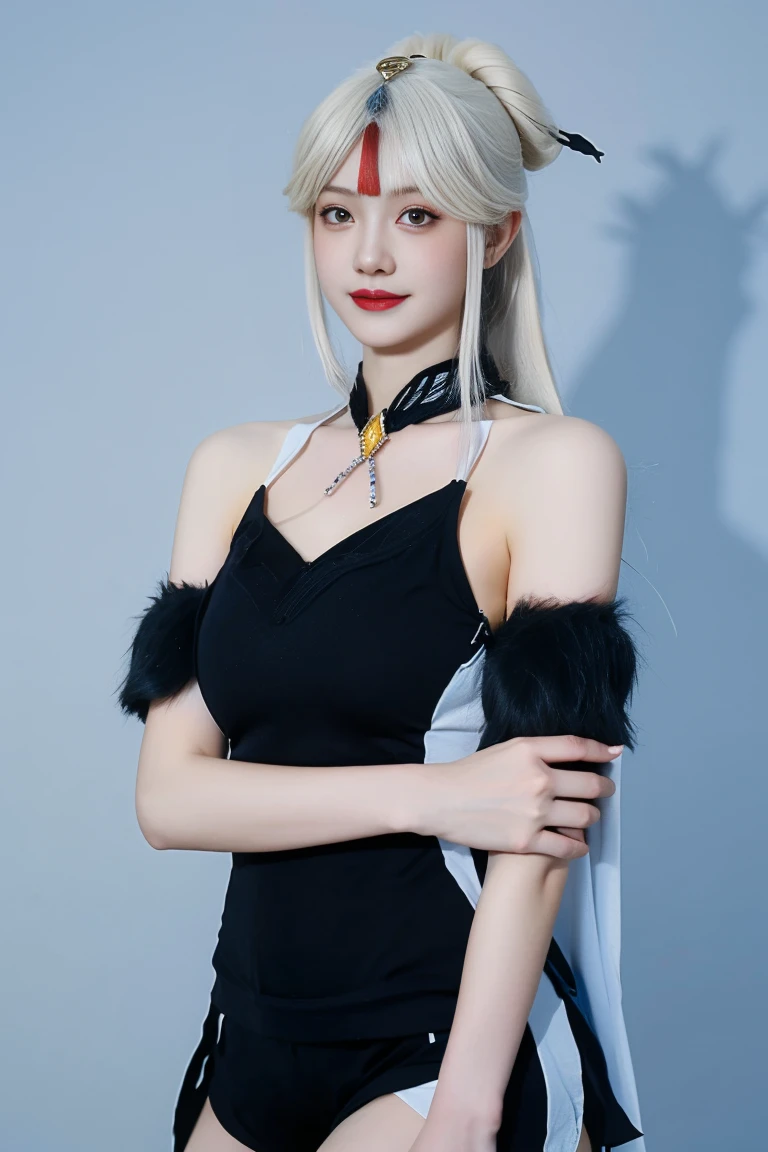 best quality, tmasterpiece,Ultra-high resolution,Clear face,(Reality:1.4),ferpect lighting,(upper body shot:1.5), (photorealistic:1.50), anime wallpaper, Guviz style artwork, cover-up fantasy up to magic , by Yang J, Guviz, beautiful artwork illustration, beautiful digital artwork, beautiful digital illustration, Li Song, beautiful anime portrait, art style in Beauvot,1girl, silver hair, long hair,bangs, smile,Blush,(front:1.3),(standing:1.3), Bare shoulders, Cheeks flushed, Blush, Eye bags closed, double eyelids,
kamisato ayaka, long hair, ponytail, hair band, hair ornament, mole under the eye, blue eyes, breastplate, Tank top, (sleeveless), (bare shoulders), (black shorts:1.5), tassel, gray background , upper body, smile, closed mouth, Arms behind back,