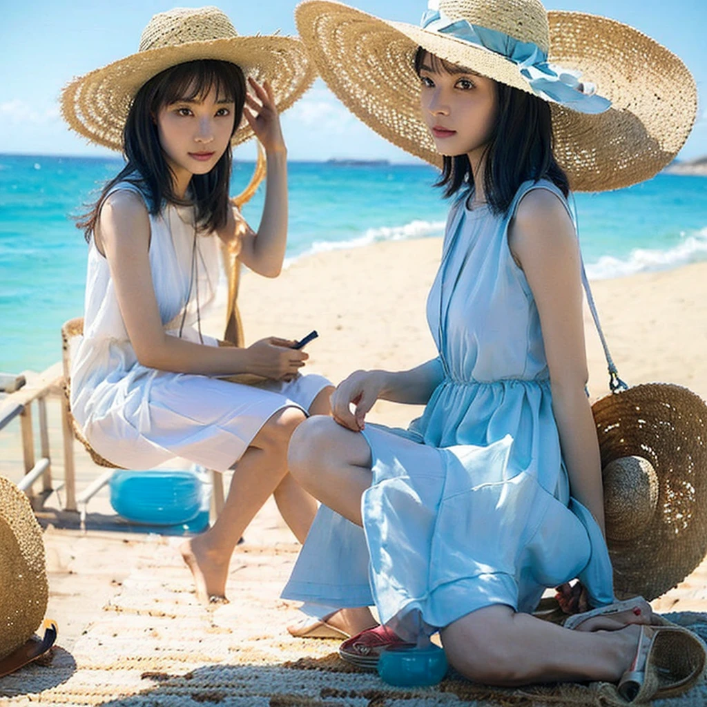 summer,Ocean,PET bottles,Black tea,Drinking,girl,cute,cool,Highest quality,sun,blue sky,beach,Straw hat,left side