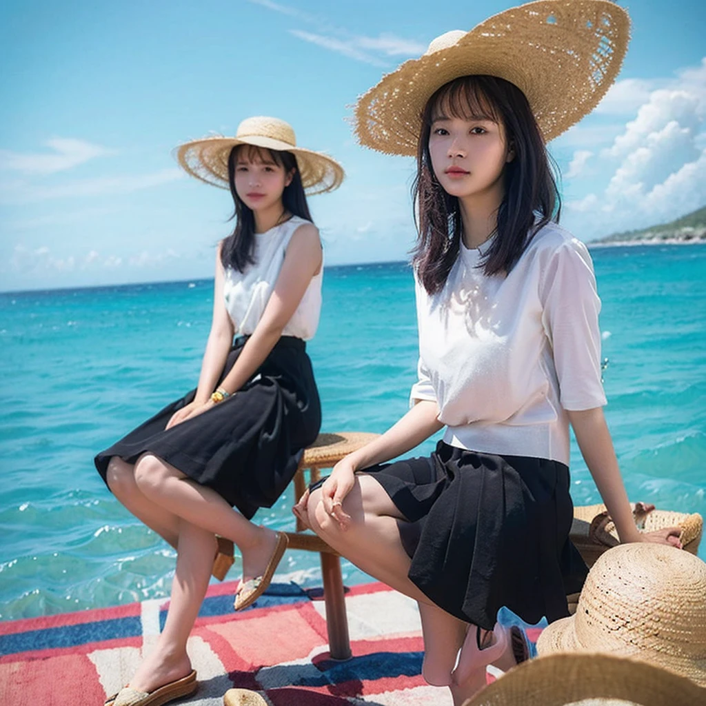 summer,Ocean,PET bottles,Black tea,Drinking,girl,cute,cool,Highest quality,sun,blue sky,beach,Straw hat,left side