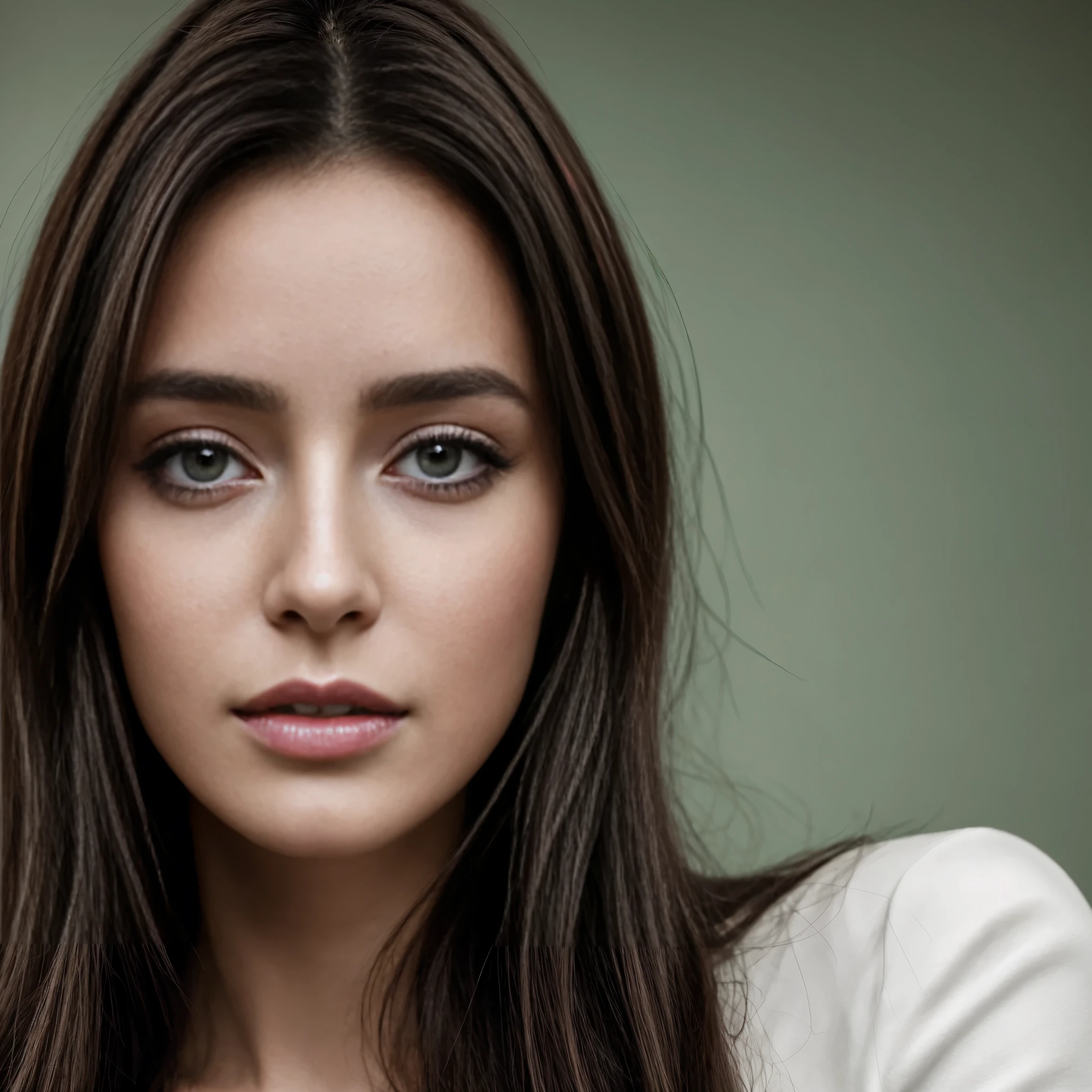 photo ultra réaliste d'un portrait d'une femme de 25 ans, seule, brune avec de longs cheveux lisses, yeux vert/gris clair, européenne, sans maquillage, visage dégagé, visage lumineux quelques tâches de rousseur, ultra détaillé, très détaillé, 8k, haute résolution, détail maximum, rugosité, haute rugosité, photo face au spectateur, photo de face, vrai vie, ultra réaliste