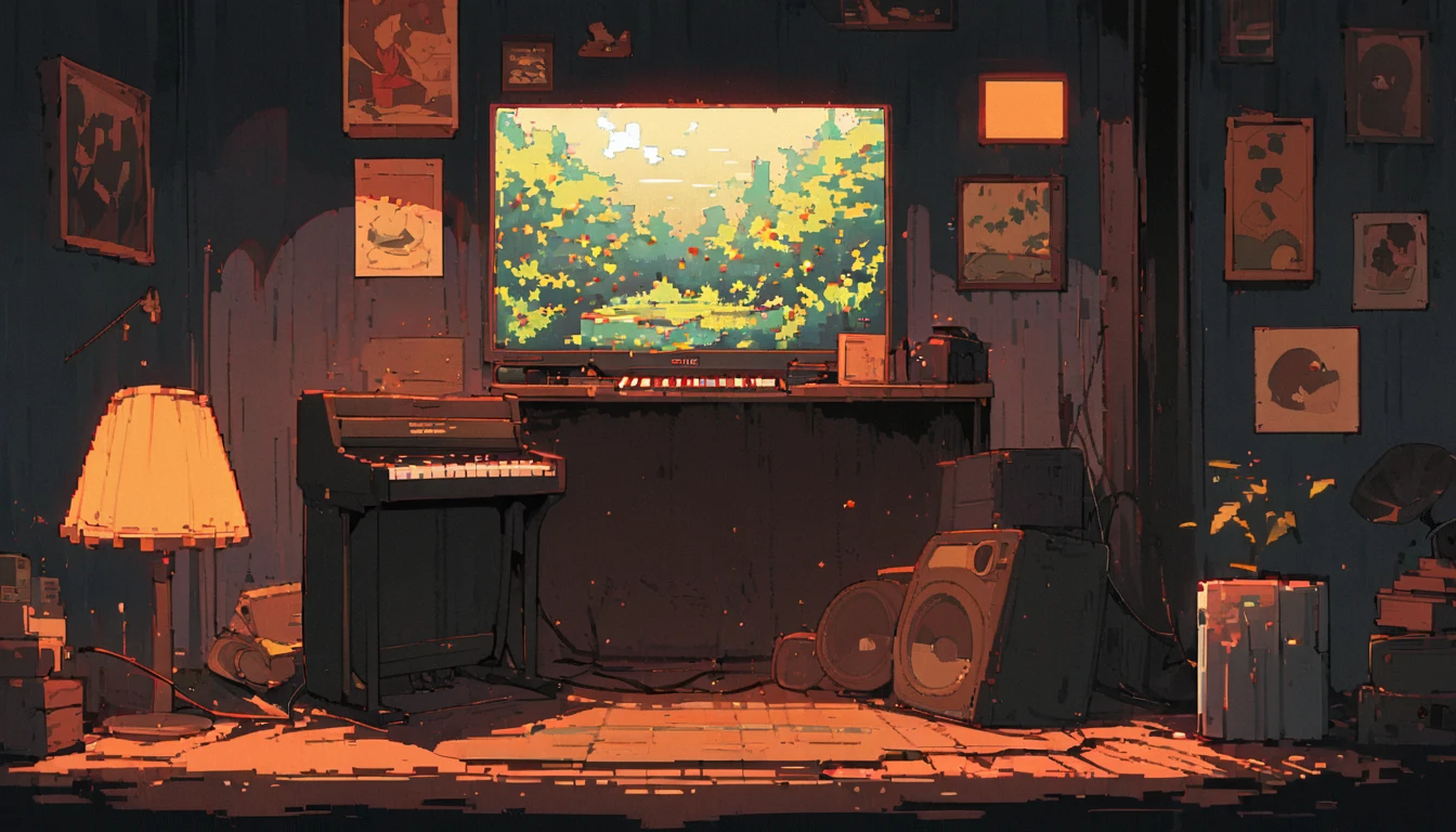 ((anime:1.4,illustration)),(masterpiece, top quality, best quality),(ultra-detailed, absolutely resolution),((16k, high res)), (((piano, night lounge, lamp, counter, bar)) ((cozy lofi illustration:1.4)), ((anime:1.4, illustration)),(masterpiece, top quality, best quality),(ultra-detailed, absolutely resolution),((16k, high res)) BREAK {lofi art, style of Laurie Greasley, style of Makoto Shinkai, anime aesthetic}, BREAK { (produces images with information than 40 million pixels with cinematic-like detailed textures shot on a Sony SLR).}
