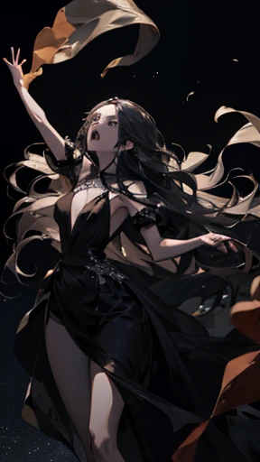 A princess screaming in hatred, walking, epic, glowing black dress, very long hair, flying hair, magical, dark background