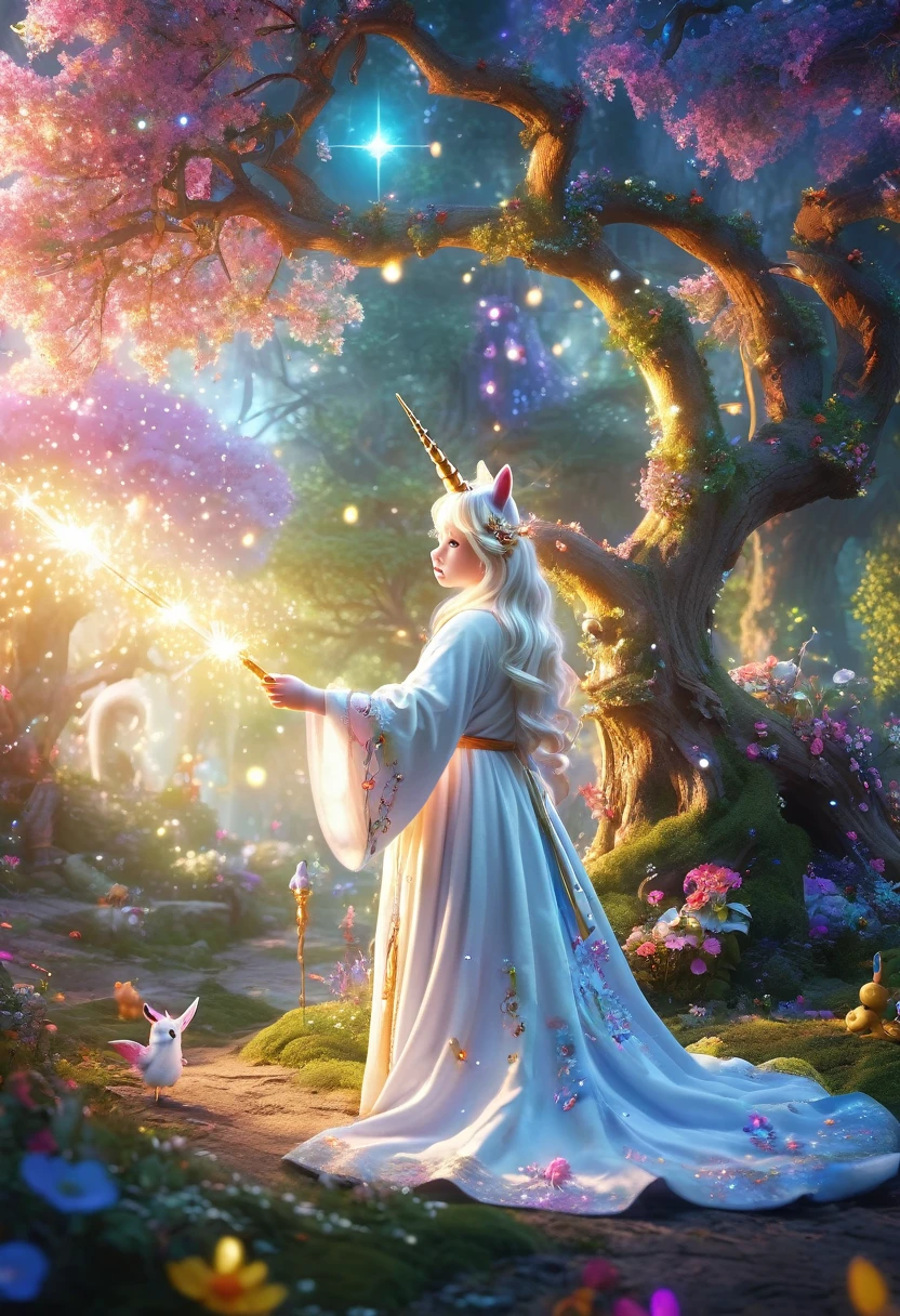 Fairy tale world, Wonderland, ((Tyndall effect)), Giant Tree, Golden beam, Fantasy Creatures, Fairy, unicorn, Talking animals, Sweet floral aroma, Sweet birdsong, dappled shadow, Wearing a white robe, Magic Wand, Colorful light spots, Far away magical country, imagination, secret, adventure,美丽的unicorn,Flowing mane,Wizarding World