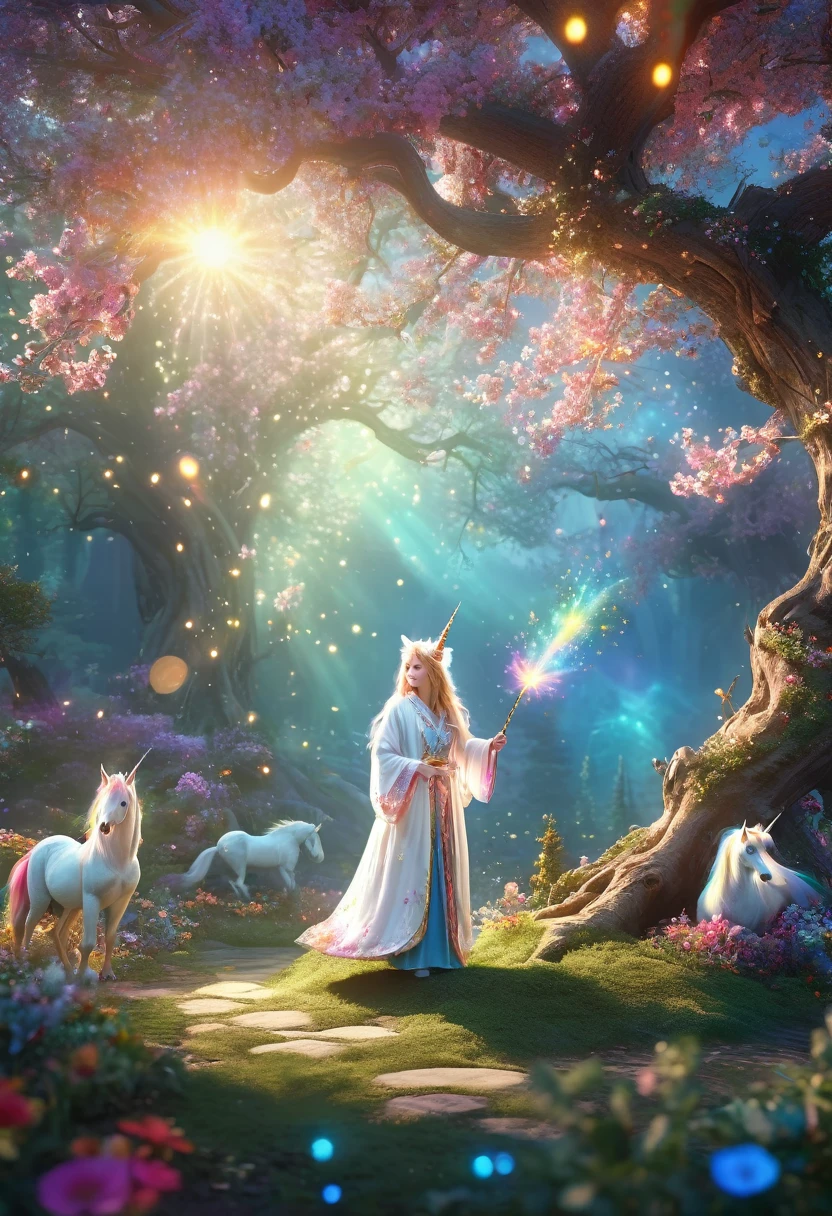 Fairy tale world, Wonderland, ((Tyndall effect)), Giant Tree, Golden beam, Fantasy Creatures, Fairy, unicorn, Talking animals, Sweet floral aroma, Sweet birdsong, dappled shadow,  Wearing a white robe, Magic Wand, Colorful light spots, Far away magical country, imagination, secret, adventure，美丽的unicorn，Flowing mane，Wizarding World