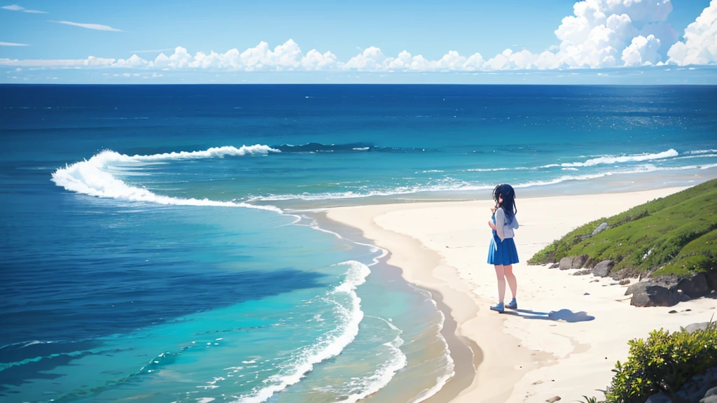 In the beautiful scenery of blue sky and sea、白いドレスを着たgirlが立っている。She stands quietly on the beach、I'While stroking my hair, Blowing in the Wind。girl'The expression is calm.、Smile。Her white dress gives a neat and elegant impression..、It depicts fluttering in the wind。The blue sky is beautiful、The ocean waves are rolling quietly、In the distance, I can see the horizon。The background is the coast and sandy beach、Seabirds and shells are sometimes depicted..、Expressing the calm atmosphere of the sea。girl and the background are in harmony、Create illustrations that evoke a sense of quiet happiness.。