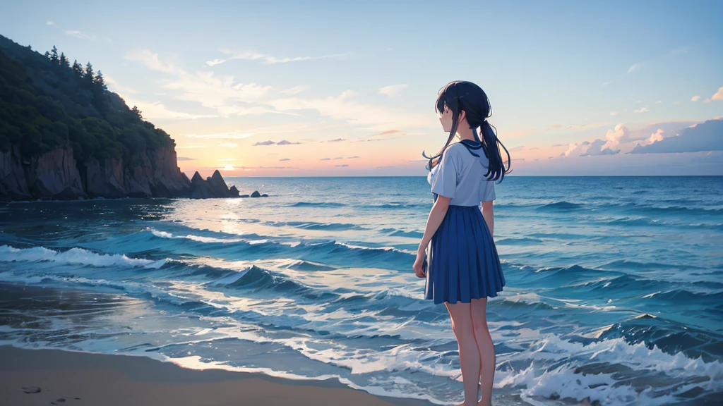 In the beautiful scenery of blue sky and sea、白いドレスを着たgirlが立っている。She stands quietly on the beach、I'While stroking my hair, Blowing in the Wind。girl'The expression is calm.、Smile。Her white dress gives a neat and elegant impression..、It depicts fluttering in the wind。The blue sky is beautiful、The ocean waves are rolling quietly、In the distance, I can see the horizon。The background is the coast and sandy beach、Seabirds and shells are sometimes depicted..、Expressing the calm atmosphere of the sea。girl and the background are in harmony、Create illustrations that evoke a sense of quiet happiness.。