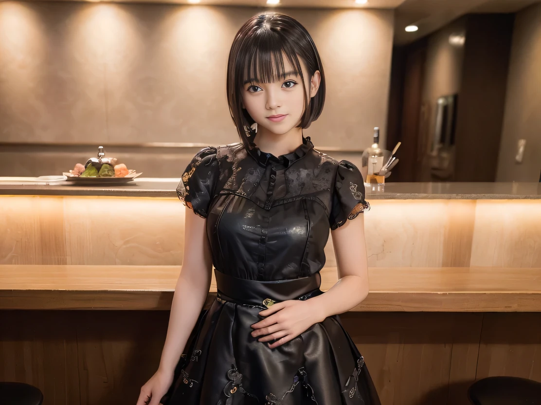 (Highest quality, masterpiece, Ultra-high resolution, 8K, RAW Photos, Realistic, Anatomically correct:1.5), 20-year-old girl:1.2, Embarrassing, avert your eyes, blush:1.0, View Viewer, ((Bar Lounge)) 、Night view、 Light:1.2, Bokeh, Cinema Lighting:1.0, Depth of written boundary, sharp、 Cute face、Idol、Black short sleeve lace top、Black tulle skirt、Black clothing、”dwarf”、(Floral clothes)、(Full Body Shot)、Side angle、Cowboy Shot、 smile、(Ultra short hair)、(Short bob cut)、(Straight bangs)、(( One Girl))、Large Breasts、I can see your belly button、Sexy pose、