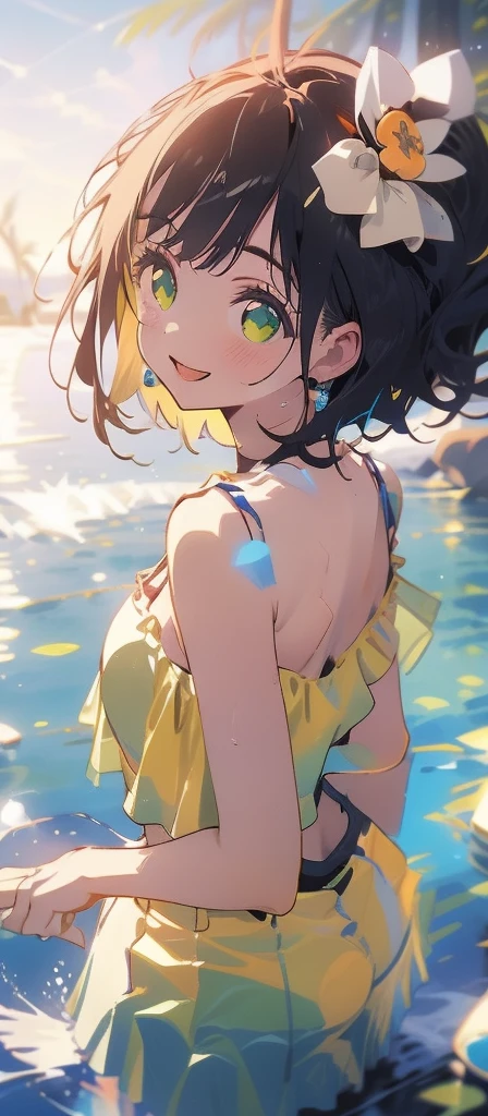 (masterpiece), (highest quality), Ultra-high resolution, Sharp focus, ((1 female, alone)), whole Body, Photo profile shots, Beautiful detailed hair, Chestnut Hair, Fluffy short bob hair, yellow camisole, Black mini skirt, Beautifully detailed face, ((Beautifully shaped eyes, Green Eyes)), Perfect feminine face, Comfortable face, View Viewer, smile, Open your lips, sea in the morning clouds, meteor, Comfortable clothing for cloudy days,  leaning forward pose, sexy