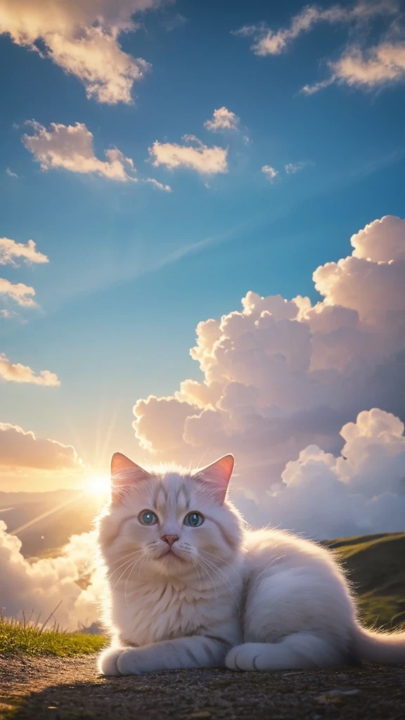 A dreamlike landscape。There are fluffy clouds spreading out、Soft light shines in。In the middle is a cute little cat.、The fur is soft and shiny like a dream.。The cat's eyes are large and round.、It shines like a shining star。Flowers of gentle colors bloom all around.、The air is quiet and calm。Please draw the cat in this dream.。Competing with other cats、