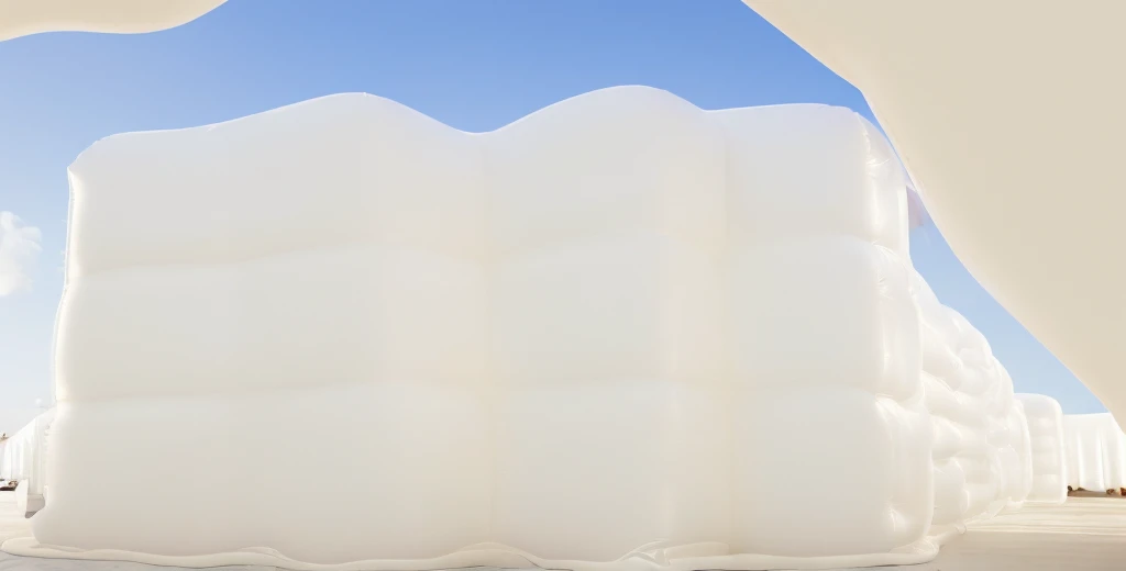 inflatable blocks,Front view,Realistic of a inflatable installation in the shape, white inflatable plastic film material, wrapped in a white polyester sheet. ,minimalist, most best quality,32K Ultra HD, super detail, best quality, highres, high details