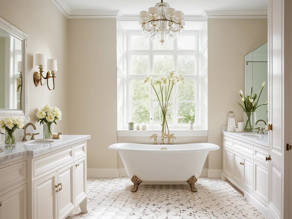 Indoors, the entire room is shot from the front at a 45-degree angle, with light beige tiles lining the walls. Modern luxury bathroom with minimalist design. Featuring a large floating vanity with white top and rectangular sink, dark wood drawers and elegant faucets. A large rectangular backlit mirror spans the wall behind the vanity. There is a freestanding oval bathtub on the light tiled floor to the right. Tall vases with white flowers and green plants were placed around the room. The lighting is warm and atmospheric. Super detailed, authentic, high quality