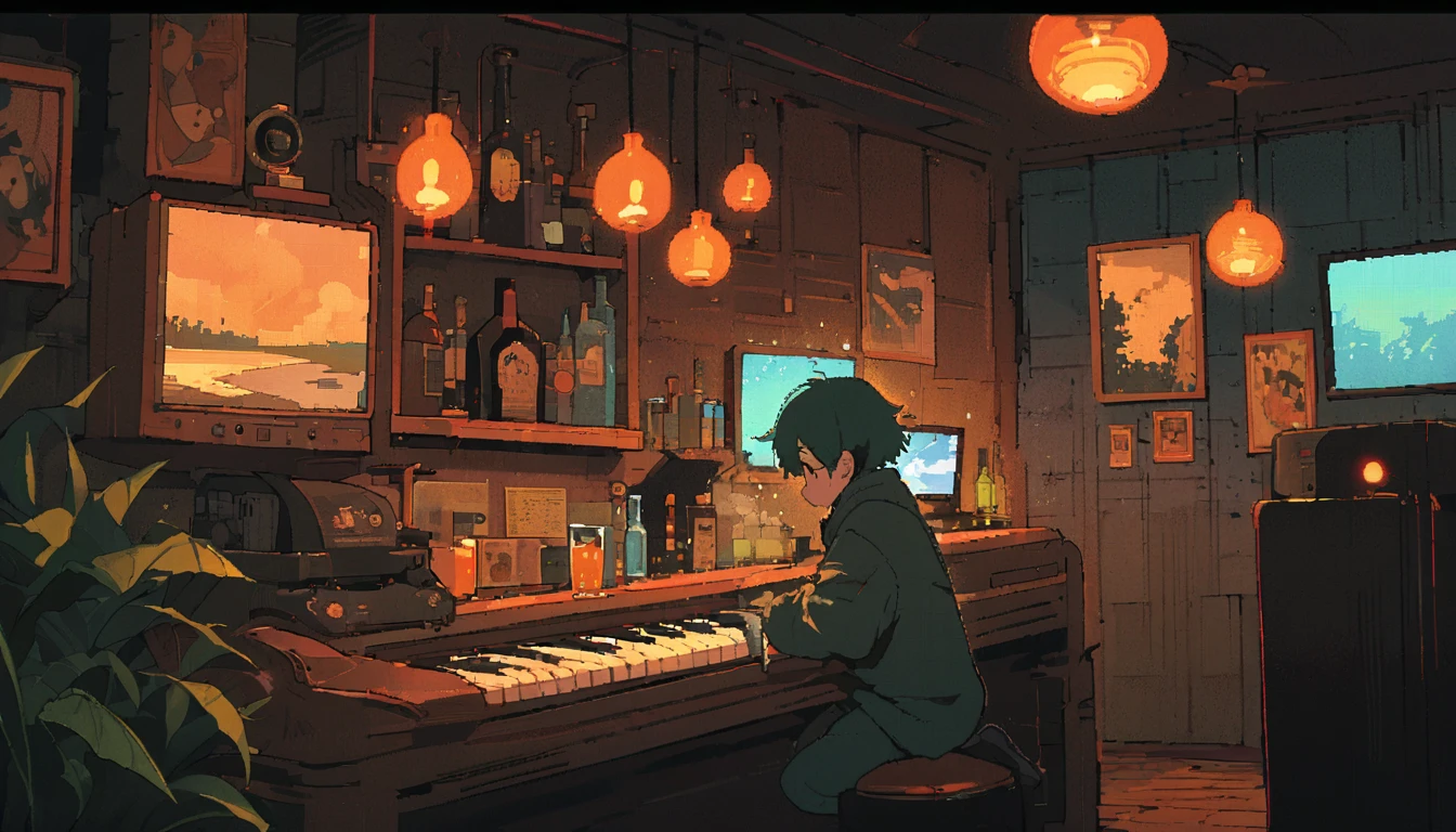 ((anime:1.4,illustration)),(masterpiece, top quality, best quality),(ultra-detailed, absolutely resolution),((16k, high res)), (((piano, night lounge, lamp, counter, bar)) ((cozy lofi illustration:1.4)), ((anime:1.4, illustration)),(masterpiece, top quality, best quality),(ultra-detailed, absolutely resolution),((16k, high res)) BREAK {lofi art, style of Laurie Greasley, style of Makoto Shinkai, anime aesthetic}, BREAK { (produces images with information than 40 million pixels with cinematic-like detailed textures shot on a Sony SLR).}