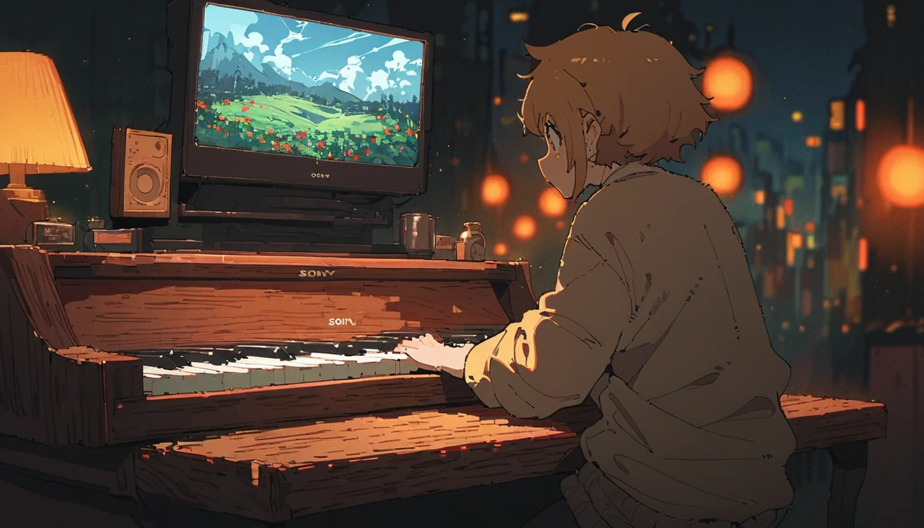 ((anime:1.4,illustration)),(masterpiece, top quality, best quality),(ultra-detailed, absolutely resolution),((16k, high res)), (((piano, night lounge, lamp, counter, bar)) ((cozy lofi illustration:1.4)), ((anime:1.4, illustration)),(masterpiece, top quality, best quality),(ultra-detailed, absolutely resolution),((16k, high res)) BREAK {lofi art, style of Laurie Greasley, style of Makoto Shinkai, anime aesthetic}, BREAK { (produces images with information than 40 million pixels with cinematic-like detailed textures shot on a Sony SLR).}