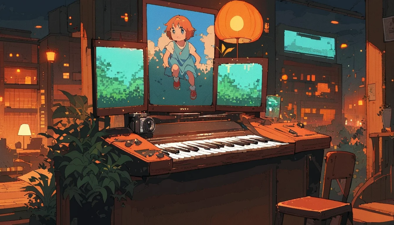 ((anime:1.4,illustration)),(masterpiece, top quality, best quality),(ultra-detailed, absolutely resolution),((16k, high res)), (((piano, night lounge, lamp, counter, bar)) ((cozy lofi illustration:1.4)), ((anime:1.4, illustration)),(masterpiece, top quality, best quality),(ultra-detailed, absolutely resolution),((16k, high res)) BREAK {lofi art, style of Laurie Greasley, style of Makoto Shinkai, anime aesthetic}, BREAK { (produces images with information than 40 million pixels with cinematic-like detailed textures shot on a Sony SLR).}