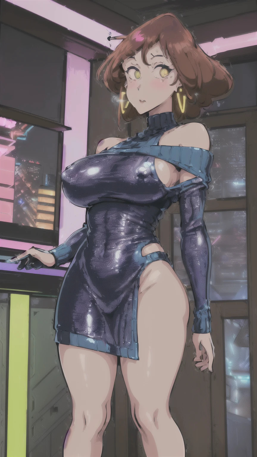 (NSFW), Misae Nohara, full body, thick thighs, hourglass figure, half naked, Looking at the viewer with seductive eyes, Misae Nohara, exposed breasts, 1girl, solo, ((32 years old, wearing a blue sequin dress, long eyelashes, looking at the viewer, sci-fi, digital art, futuristic coloring, vibrant lighting, (Background: Indoors, night club, bar, neon lights, futuristic, Sci-Fi, cyberpunk theme, futuristic technology in the background), brown black hair, hard nipples, exposed vagina, best quality, highres, bbyorf, gold earrings, large breasts, jewelry, off shoulder, red transparent sweater, sweater transparent dress, long sleeves, no panties, outdoors,