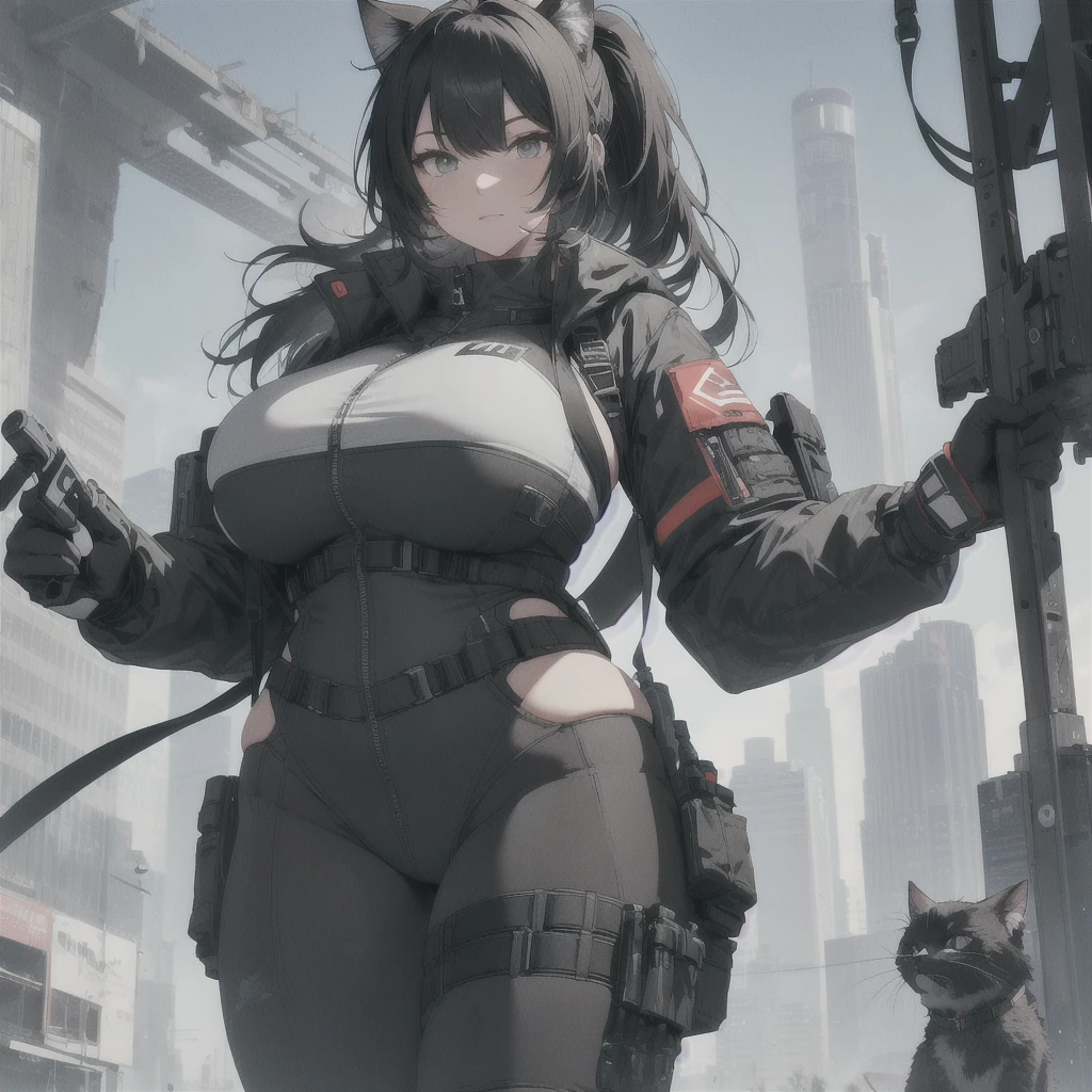 Absurd resolution, high resolution, (masterpiece: 1.4), hyper-detail, full body shot, full frontal camera perspective, solo, 1 kemono feline cat woman, humanoid, no skin other than neck and head shown, pilot suit, black hair, messy ponytail, cute face, detailed soft grey luminous eyes, huge massive hyper super swollen heavy breasts, breasts so big that cover her whole torso and are bigger than her head while being so big they reach her belly button, extremely super large swollen perky heavy bust, super huge enormously gigantic tits, gigantic breasts stretching/straining out of her outfit looking like they are about to burst out, breasts compressed squishing barely contained in outfit, inflated breasts, breasts_expansion, super gigantic swollen heavy tits, wide full hips, narrower torso and shoulders, smaller torso, narrower waist, full thicc big soft thighs, thicc thighs, big rounded full soft butt, thicc butt, ruggedized utility styled outfit, fully insulated suit, full body outfit coverage with no skin showing or revealed, airtight/watertight zippers and seals, scifi monochrome black and grey fullbody covering protective padding rugged loose-fitted pilot utility suit with strategically placed protective padding, white zipped utility cropped top for breasts support with a black strap horizontal across cleavage worn on top of suit, tactical strategic angular-patterned protective padding on hips and thighs and abdomen, practical/functional clothing, weather-proof durable clothing material, nylon clothing material, custom made clothing to fit and support large breasts, scifi padded rugged rigid high collar techwear jacket, armored high collar, white and black triangular decals and techwear iconography on apparel and clothing, techwear gloves, arm mounted strapped display scifi tablet/communication device/computer, ruggedized tech, ruggedized tech aesthetic, fitted utility pants, utility chaps, near future scifi, cyberpunk aesthetic, anime aesthetic, tactical aesthetic
