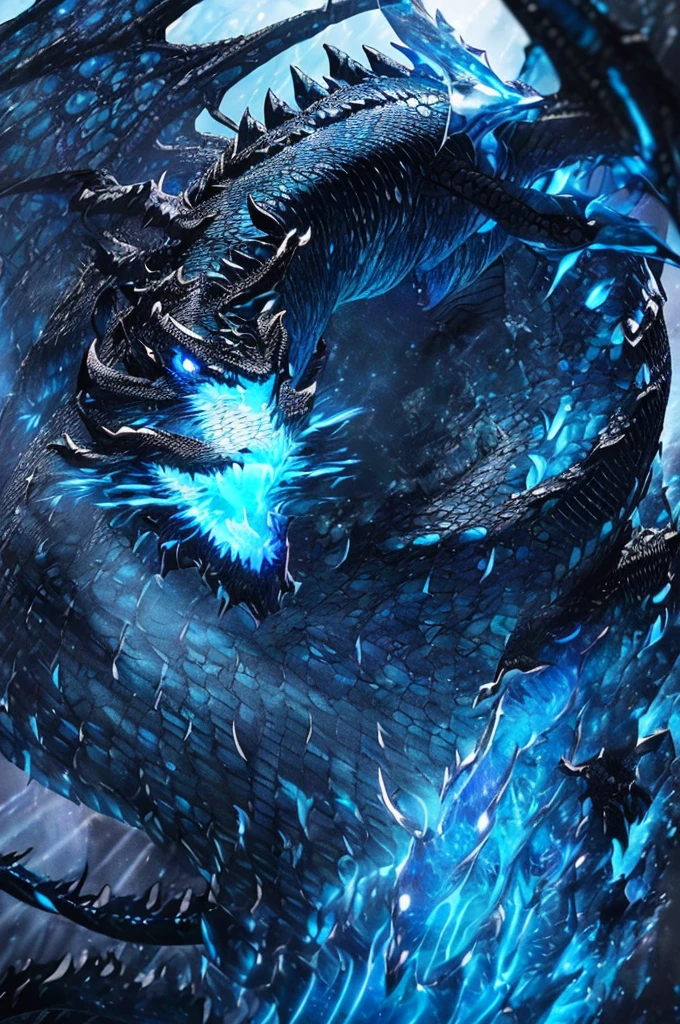 {masterpiece, distinct_image, extremely detailed CG, (extremely detailed fine touch:1.2), (natural light, blue_light, light rays, dappled light, ray tracing:1.2), detailed face, black ghastly dragon on Glacier, photo realistic, 4k, 8k, high_resolution, glitter, blue_light, (glow_blue_face, front_light:1.3),{1dragon, face_focus, looking for_in_viewer, front view},{dragon, (Black Smoke Dragon Horn, black dragon scales, blue glowing dragon eyes, wings of blue flame, black dragon tail,Blue glowing dragon's claws:1.7), winter polar background}