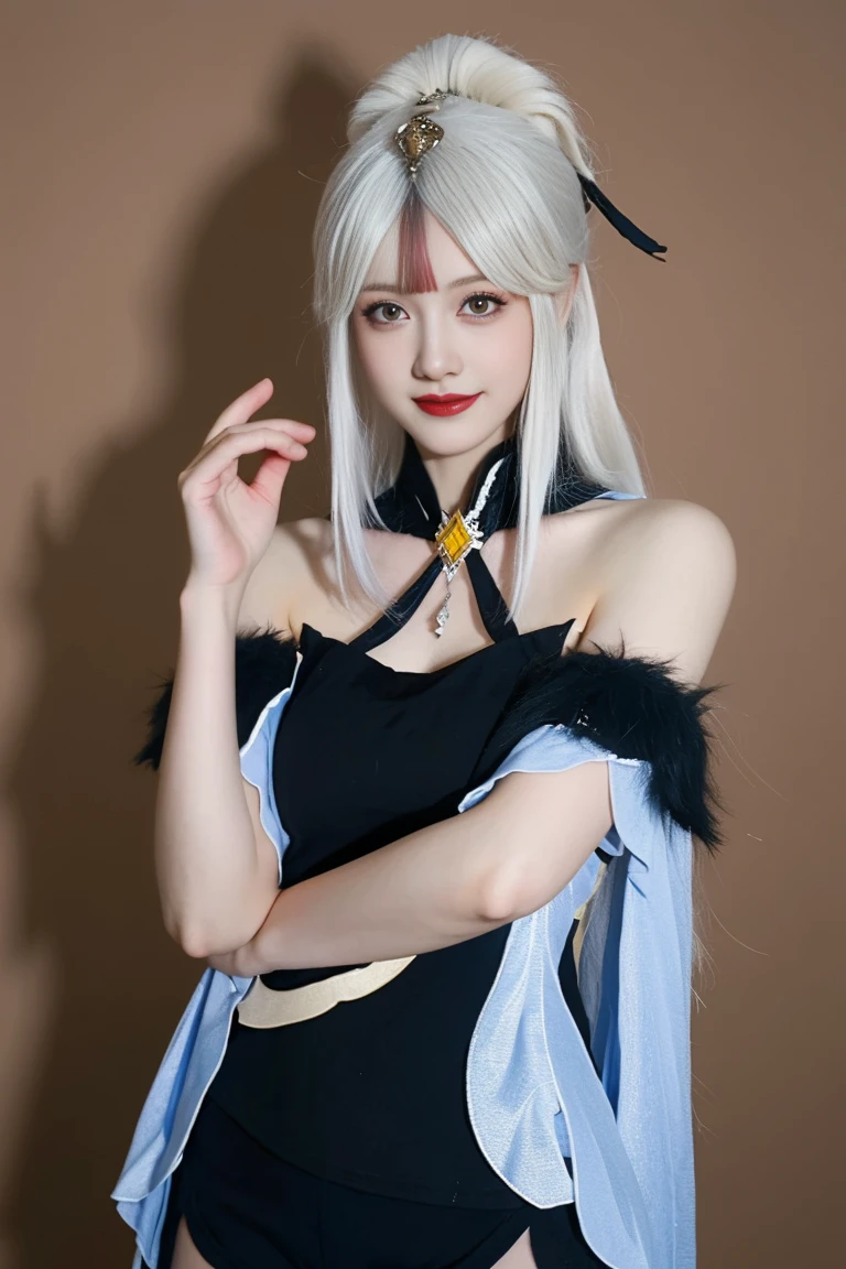 best quality, tmasterpiece,Ultra-high resolution,Clear face,(Reality:1.4),ferpect lighting,(upper body shot:1.5), (photorealistic:1.50), anime wallpaper, Guviz style artwork, cover-up fantasy up to magic , by Yang J, Guviz, beautiful artwork illustration, beautiful digital artwork, beautiful digital illustration, Li Song, beautiful anime portrait, art style in Beauvot,1girl, silver hair, long hair,bangs, smile,Blush,(front:1.3),(standing:1.3), Bare shoulders, Cheeks flushed, Blush, Eye bags closed, double eyelids,
kamisato ayaka, long hair, ponytail, hair band, hair ornament, mole under the eye, blue eyes, breastplate, Tank top, (sleeveless), (bare shoulders), (black shorts:1.5), tassel, gray background , upper body, smile, closed mouth, Arms behind back,