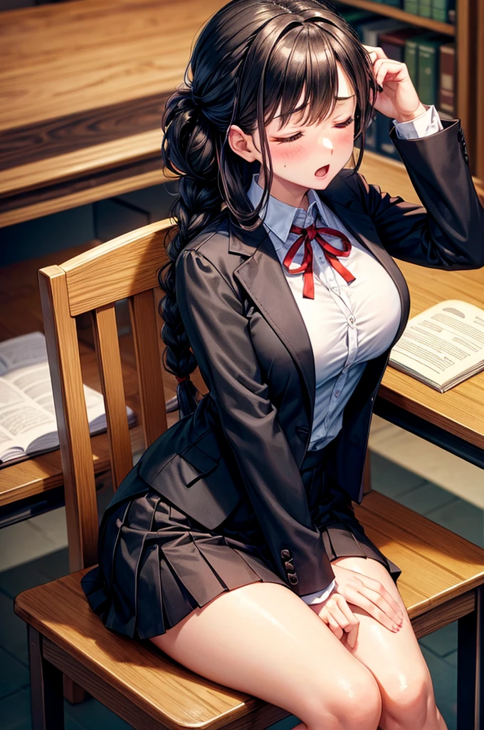masterpiece,best quality, ultra-detailed illustration, blush,solo,large breast, opened mouth, sitting ,wood chair ,black jacket, , white shirt,short skirt, red ribbon, sweat,black hair,french braid,middle hair, hand between thighs,hand before pussy,closed eyes,(( steam breath)),BREAK, in library, desk,notebook on desk