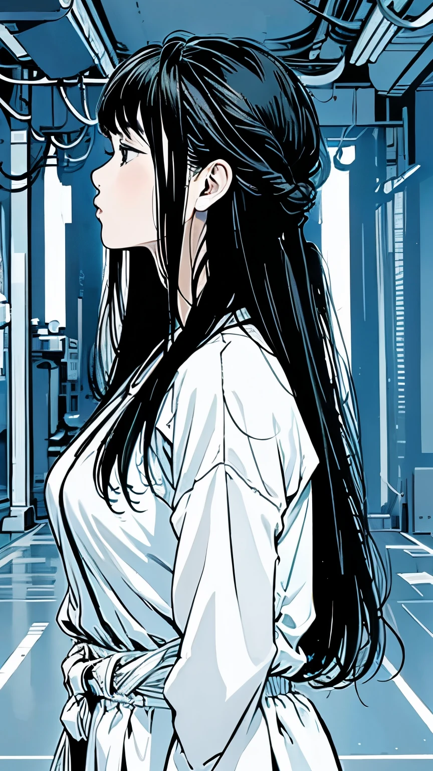 Master Painting、Optimal quality、downpour、woman、Very depressive、Long Black Hair、Look Up、profile、Upper Body、Spacesuit、Large Breasts、Asian